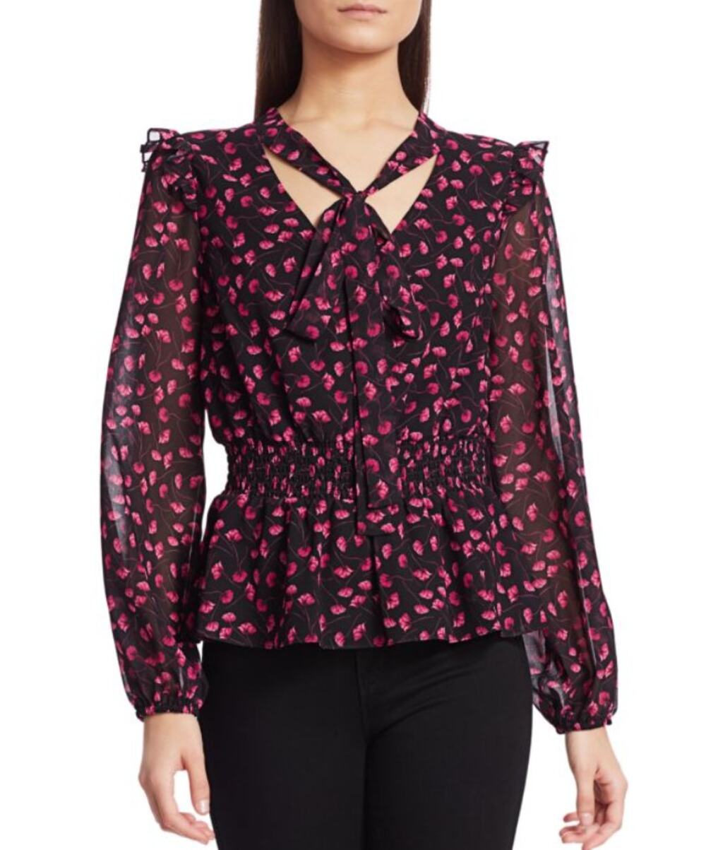 MILLY Floral Ruffle-Trim Tieneck Blouse Black Red Floral Top Size Medium
